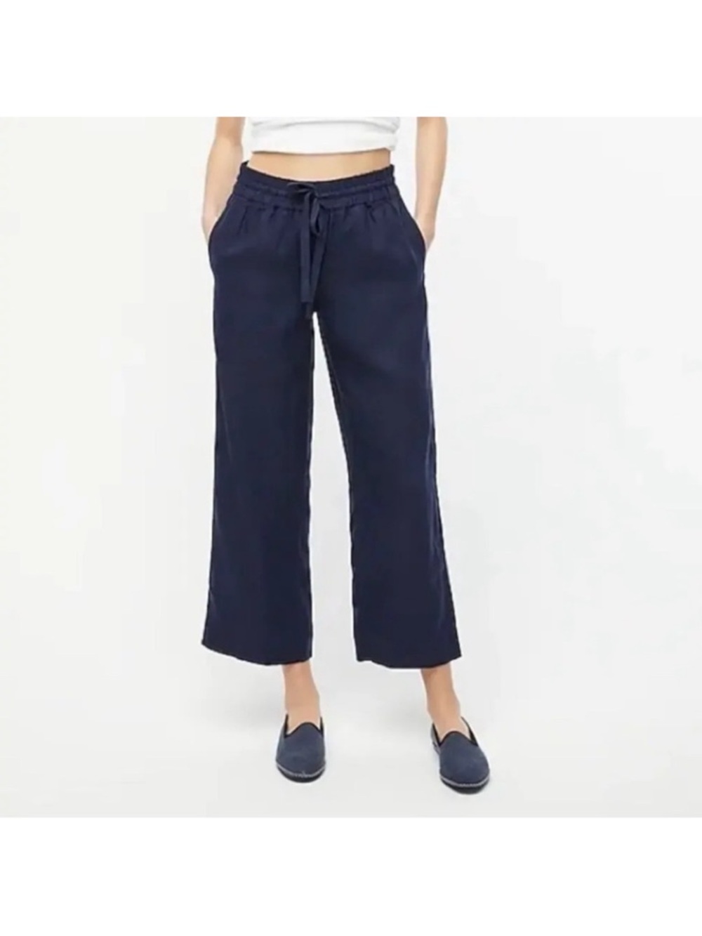 J. Crew Cropped Wide-Leg linen drawstring pants- Navy